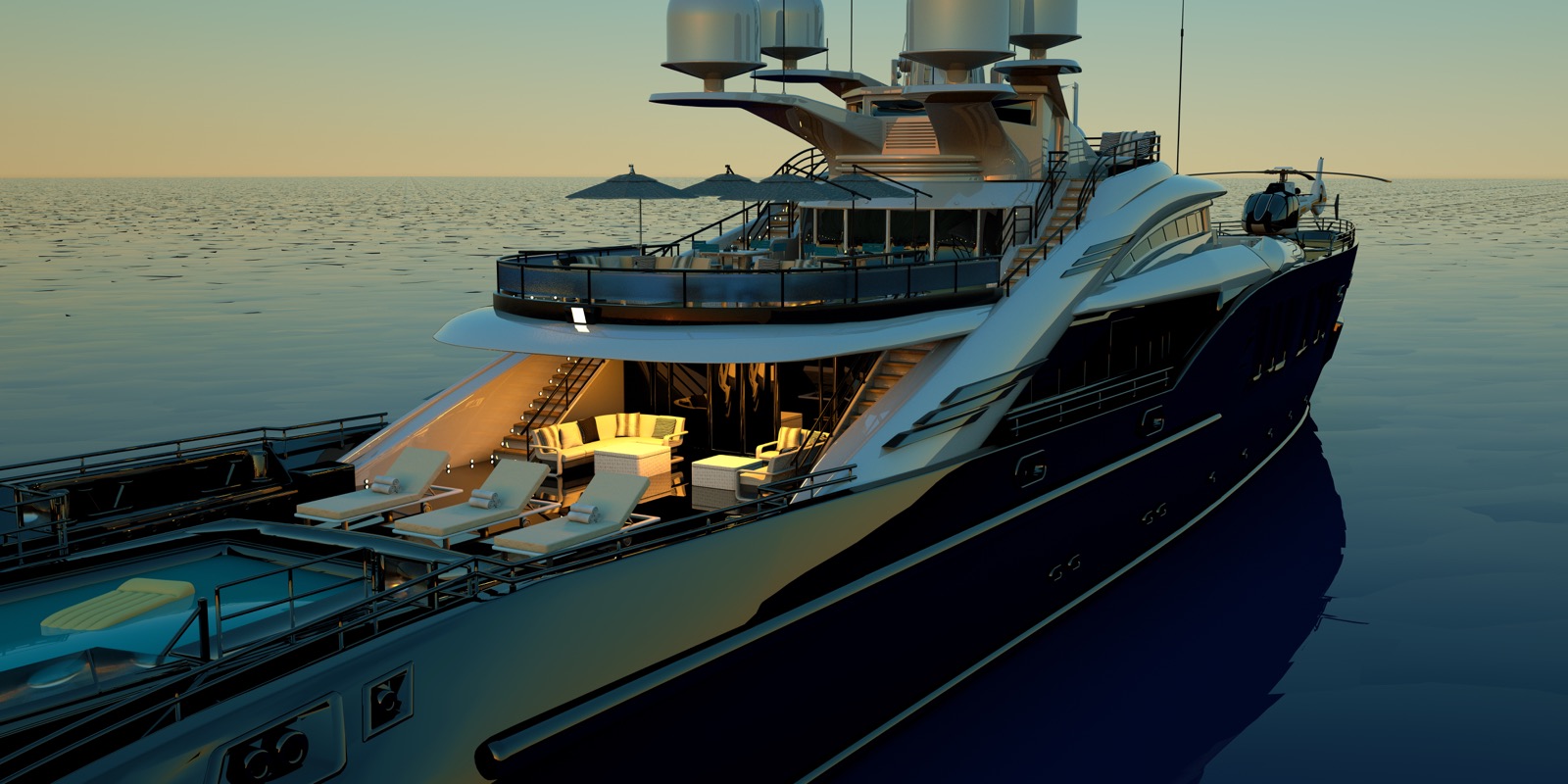 Superyacht at sea in golden-hour light